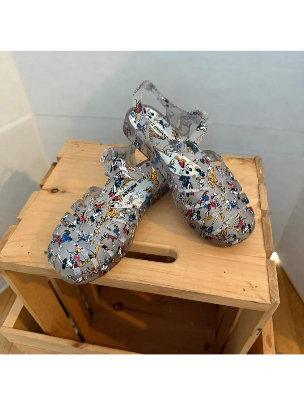 Disney x Mini Melissa Size 2 Gray Mickey & Friends Roman Fisherman Jelly Sandals